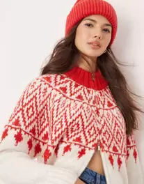 asosにおける￥45でのASOS DESIGN chunky zip through cardigan with fairisle pattern in red and creamのオファー